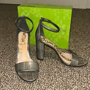 Sam Edelman Plaid Ankle Strap Heels - Black and Gray